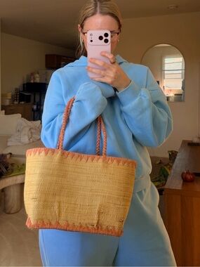 Annabel Ingall Pink Natural Raffia Woven Beach Tote Bag Madagascar